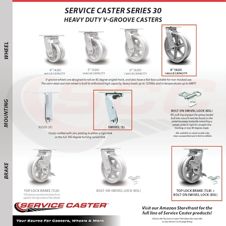 Service Caster 8 Inch V Groove Semi Steel Caster Set with Ball Bearings 4 Brake 2 Swivel Lock SCC-30CS820-VGB-TLB-BSL-2-TLB-2
